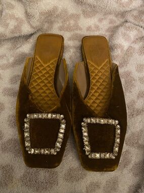 Sam Edelman Olive Velvet Slide Mules with Crystal Buckle Accent